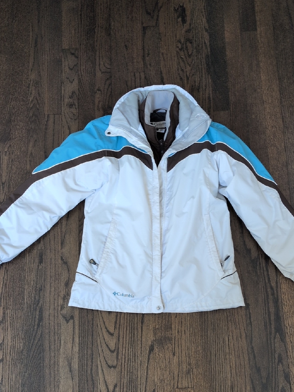 Columbia White, Turquoise & Brown Insulated Ski Jacket 2-in-1 Set
